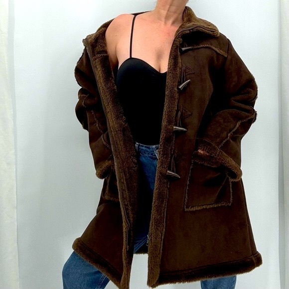 Vintage Jackets & Blazers - Vintage 70’s Penny Lane Groovy Faux Suede Leather Toggle Button Sherpa Fur Coat